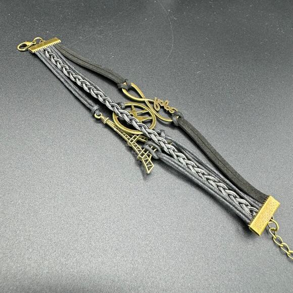 New Black Braided Leather Twine Multilayer Eiffel Tower Infinity Bracelet - Picture 7 of 7